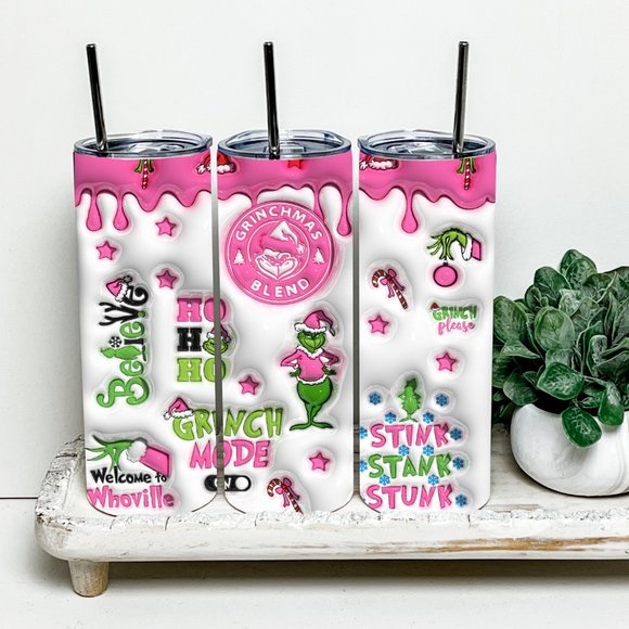 3D Inflated Glow In The Dark Grinch Christmas 20oz Tumbler - Picture 3 of 4